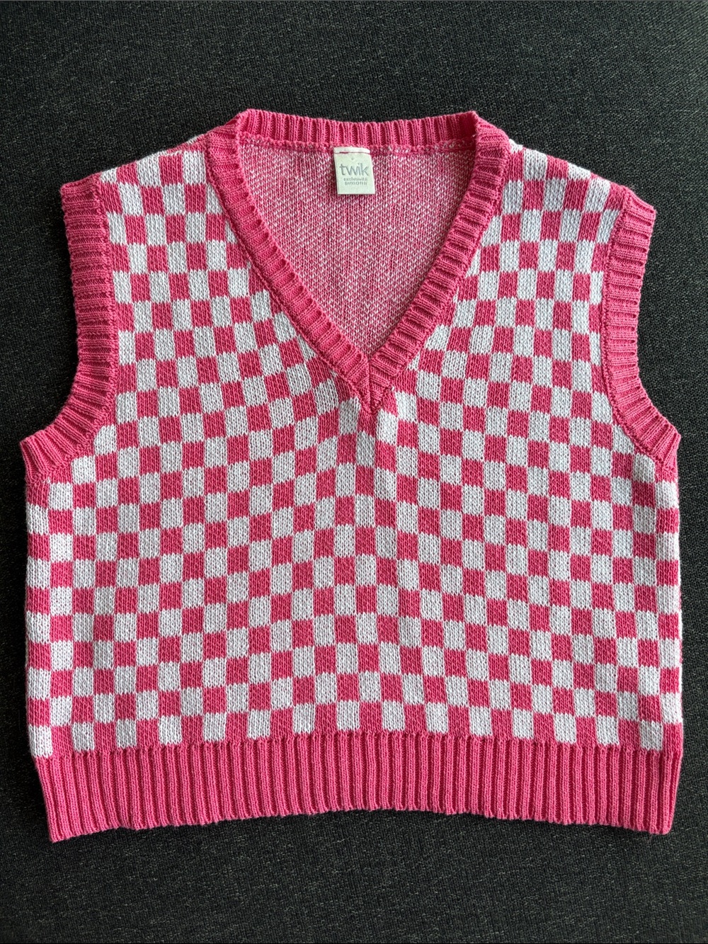 Pink and White Two-Tone Knit V-Neck Vest